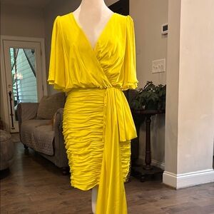 Mac Duggal Yellow Cocktail Mini Dress with Ruched Plunge Neckline